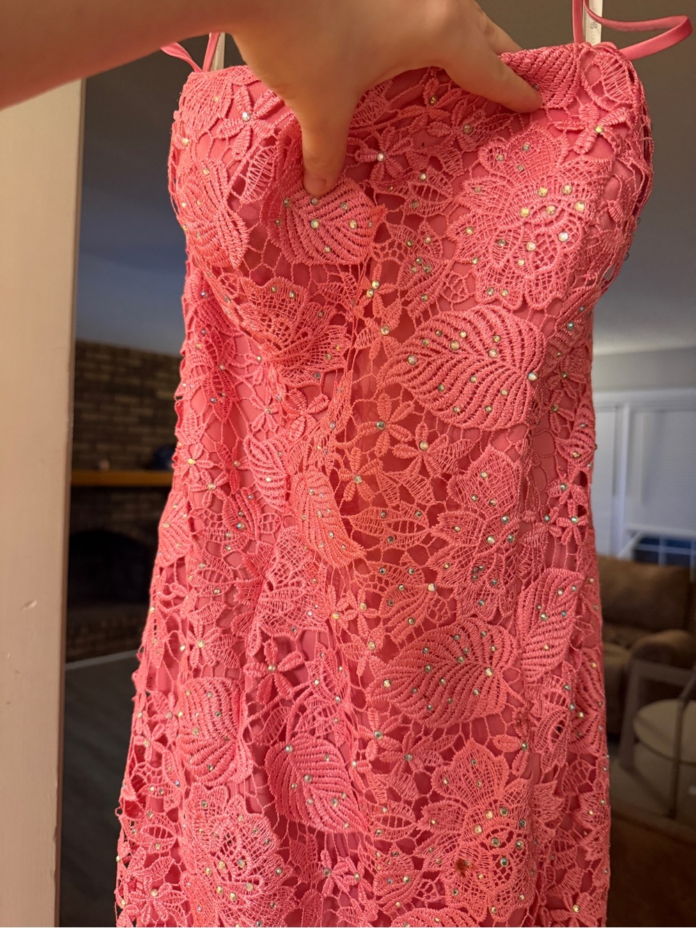 Strapless Pink Lace Prom Dress with Sparkle Embellishments